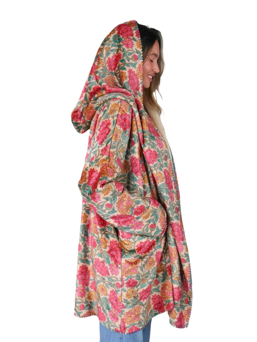 Natural Life Floral Sherpa Lined Hooded Cardigan Jacket S/M Boho NWT